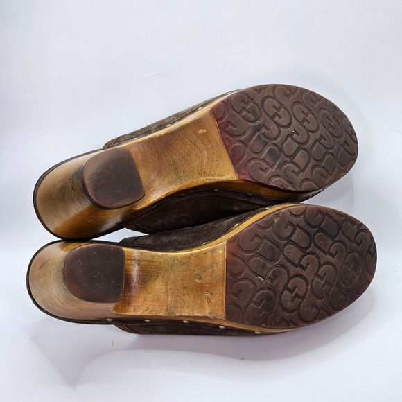 UGG Australia Suede Wooden Clog Mule Heels Sheepskin Lined Brown Sz 8 EU39 - Picture 8 of 10
